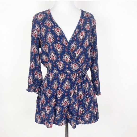 Band of Gypsies Long Sleeve Romper Small Blue Peacock Print Shorts - Picture 1 of 8